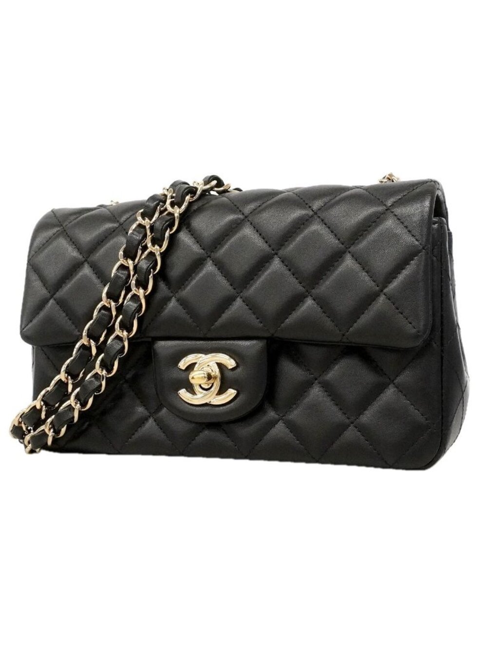 Chanel Shoulder Bag Mini Quilted Lambskin Black Champagne Gold